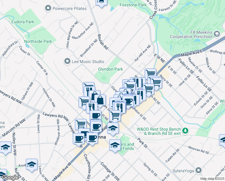 map of restaurants, bars, coffee shops, grocery stores, and more near 216 Glyndon Street Northeast in Vienna