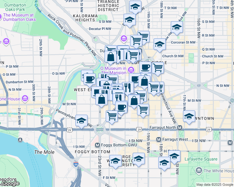 map of restaurants, bars, coffee shops, grocery stores, and more near 2121 Ward Place Northwest in Washington