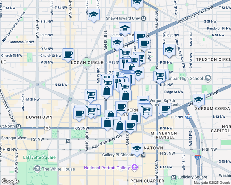 map of restaurants, bars, coffee shops, grocery stores, and more near 1215 10th Street Northwest in Washington