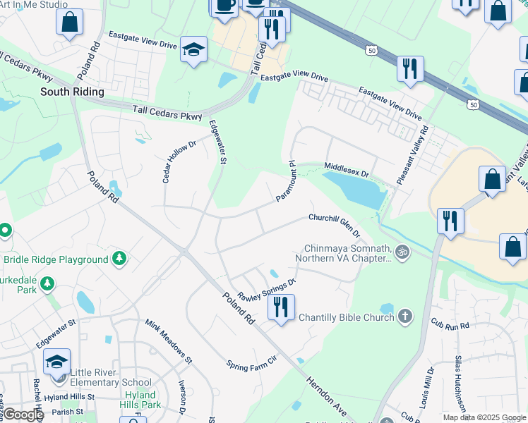map of restaurants, bars, coffee shops, grocery stores, and more near 43757 Paramount Place in Chantilly