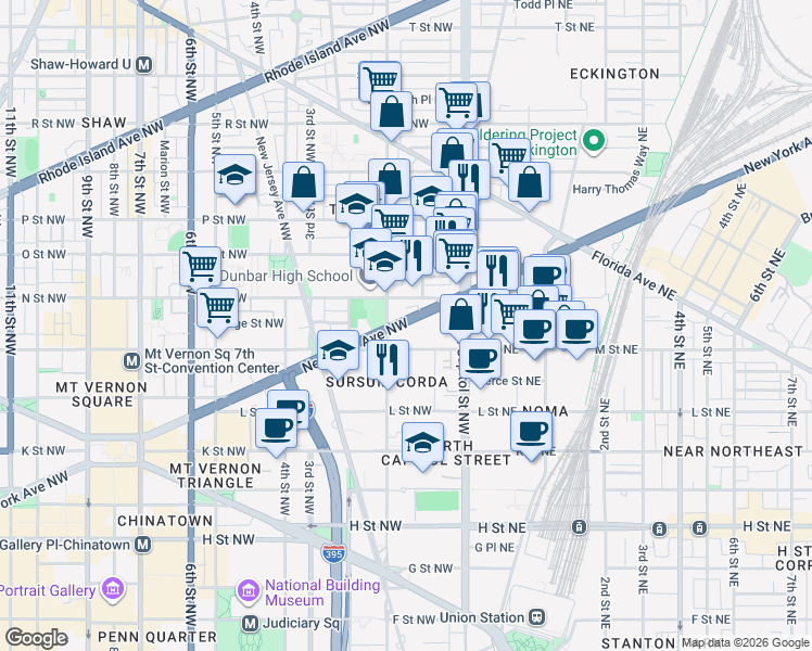 map of restaurants, bars, coffee shops, grocery stores, and more near 66 New York Avenue Northwest in Washington