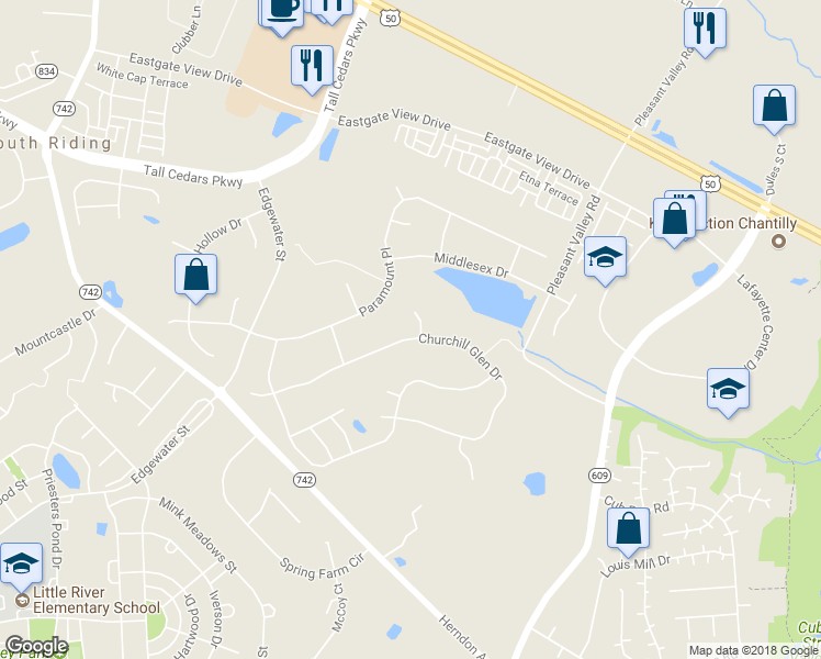 map of restaurants, bars, coffee shops, grocery stores, and more near 25685 AdamsTown Court in Chantilly