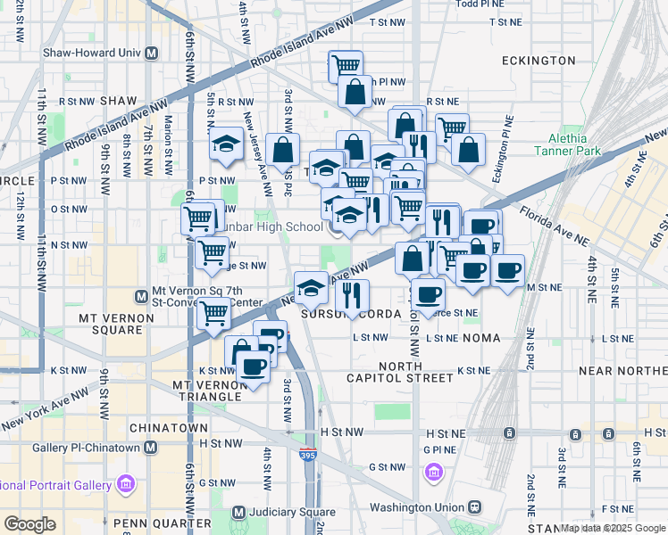 map of restaurants, bars, coffee shops, grocery stores, and more near 115 New York Avenue Northwest in Washington