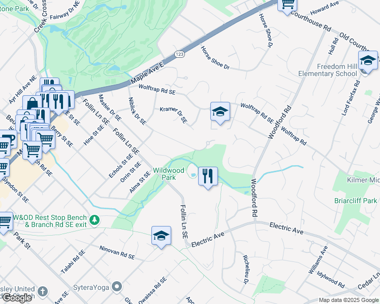 map of restaurants, bars, coffee shops, grocery stores, and more near 607 Niblick Drive Southeast in Vienna