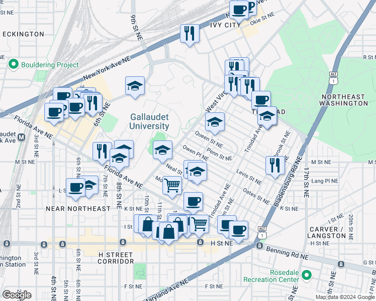 map of restaurants, bars, coffee shops, grocery stores, and more near 1107 Penn Street Northeast in Washington