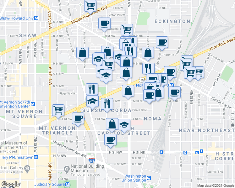 map of restaurants, bars, coffee shops, grocery stores, and more near 101 Independence Avenue Southeast in Washington