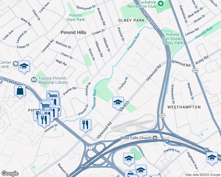 map of restaurants, bars, coffee shops, grocery stores, and more near 7305 Idylwood Court in Falls Church
