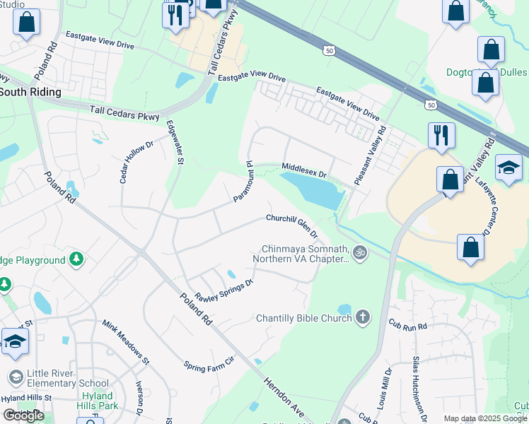 map of restaurants, bars, coffee shops, grocery stores, and more near 25685 AdamsTown Court in Chantilly