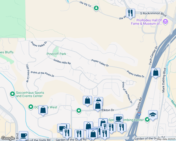 map of restaurants, bars, coffee shops, grocery stores, and more near 640 Autumn Crest Circle in Colorado Springs