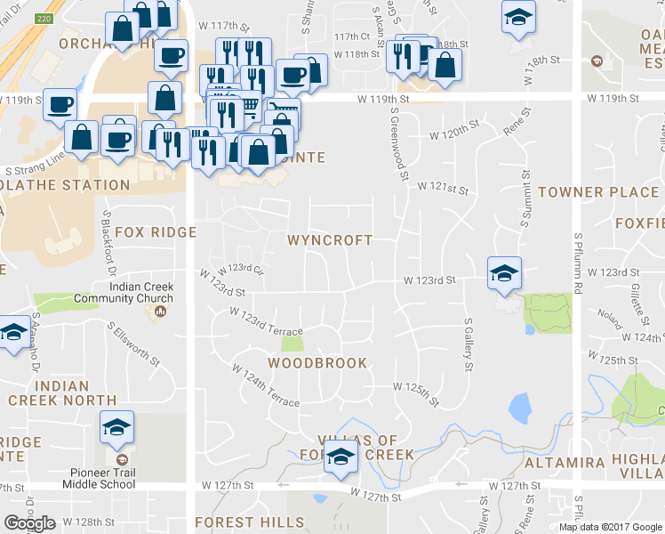map of restaurants, bars, coffee shops, grocery stores, and more near 12225 South Albervan Street in Olathe