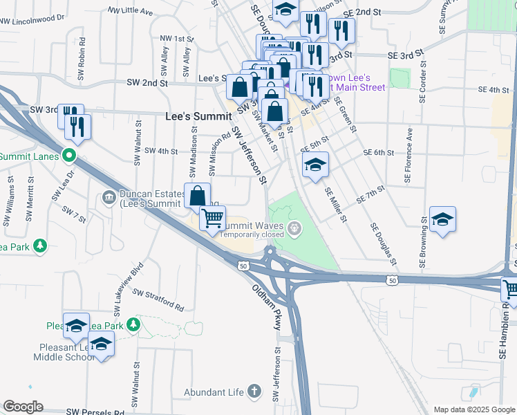 map of restaurants, bars, coffee shops, grocery stores, and more near 209 Southwest Pinetree Lane in Lee's Summit