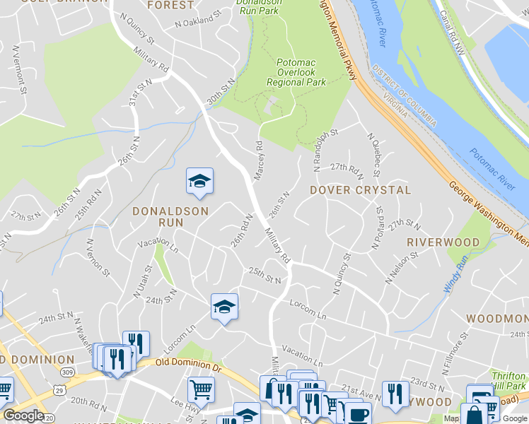 map of restaurants, bars, coffee shops, grocery stores, and more near 2605 Military Road in Arlington