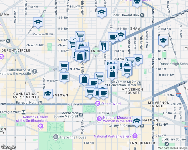 map of restaurants, bars, coffee shops, grocery stores, and more near 1245 13th Street Northwest in Washington