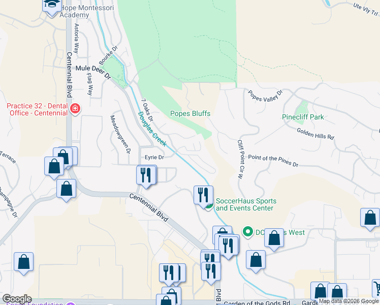 map of restaurants, bars, coffee shops, grocery stores, and more near 1409 Territory Trail in Colorado Springs