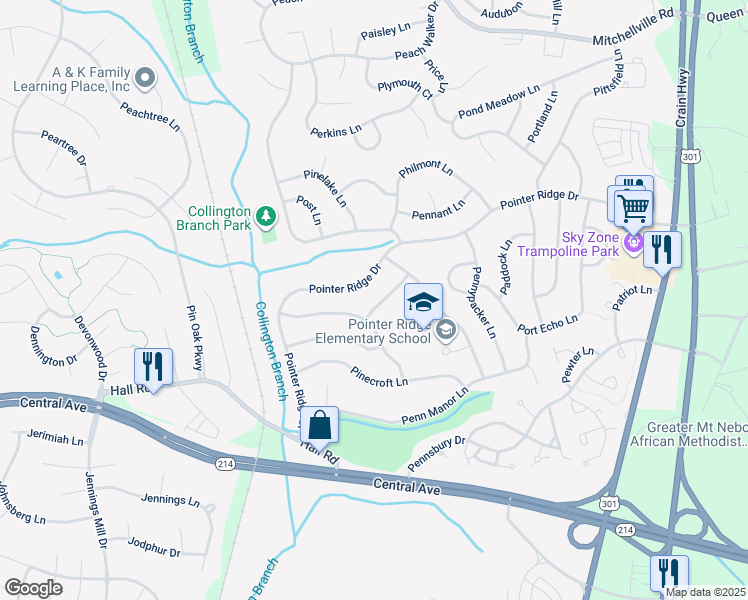 map of restaurants, bars, coffee shops, grocery stores, and more near 1204 Pensive Lane in Bowie