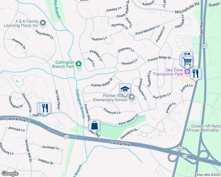 map of restaurants, bars, coffee shops, grocery stores, and more near 1204 Pensive Lane in Bowie