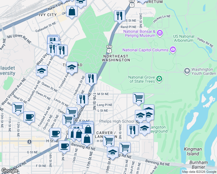 map of restaurants, bars, coffee shops, grocery stores, and more near 101 Independence Avenue Southeast in Washington