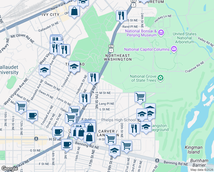 map of restaurants, bars, coffee shops, grocery stores, and more near 101 Independence Avenue Southeast in Washington