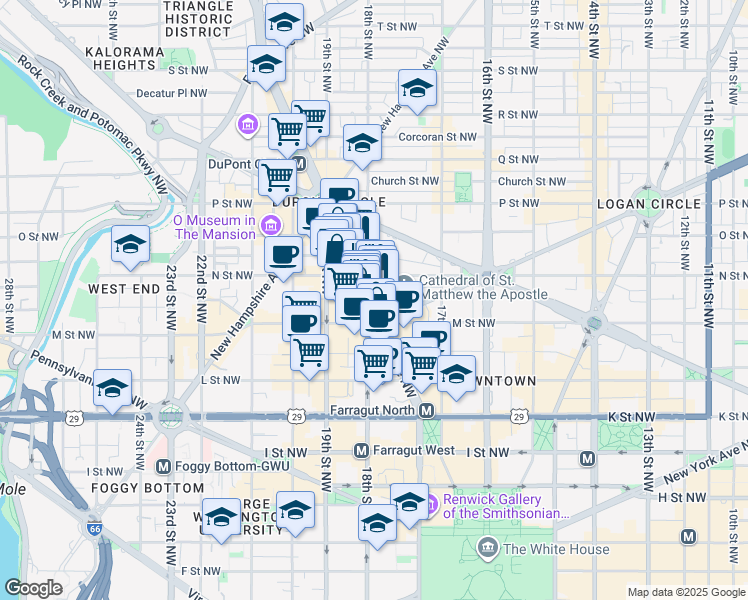 map of restaurants, bars, coffee shops, grocery stores, and more near 1211 Connecticut Avenue Northwest in Washington