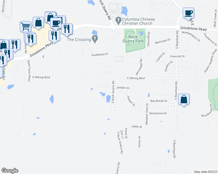 map of restaurants, bars, coffee shops, grocery stores, and more near 1716 Juniper Drive in Columbia