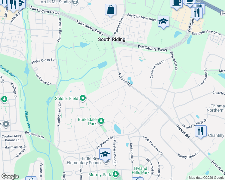map of restaurants, bars, coffee shops, grocery stores, and more near 43450 Mountcastle Drive in South Riding