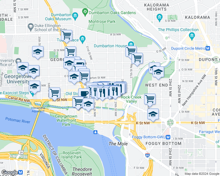 map of restaurants, bars, coffee shops, grocery stores, and more near 1239 30th Street Northwest in Washington