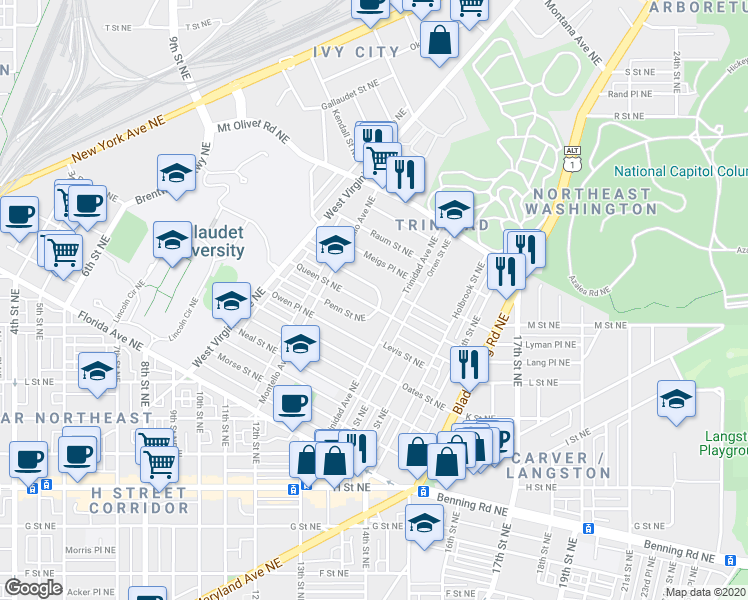 map of restaurants, bars, coffee shops, grocery stores, and more near 1271 Holbrook Terrace Northeast in Washington