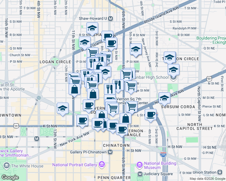map of restaurants, bars, coffee shops, grocery stores, and more near 101 Independence Avenue Southeast in Washington
