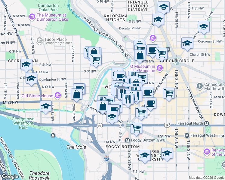 map of restaurants, bars, coffee shops, grocery stores, and more near 1255 25th Street Northwest in Washington