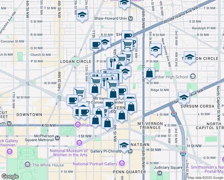 map of restaurants, bars, coffee shops, grocery stores, and more near 1228 9th Street Northwest in Washington