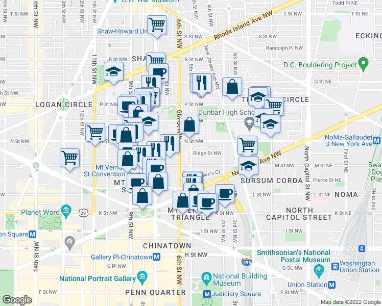 map of restaurants, bars, coffee shops, grocery stores, and more near 5th St NW & Ridge St NW in Washington
