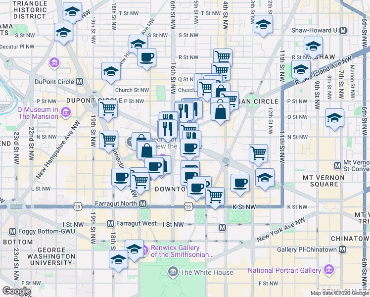 map of restaurants, bars, coffee shops, grocery stores, and more near 1500 Massachusetts Avenue Northwest in Washington