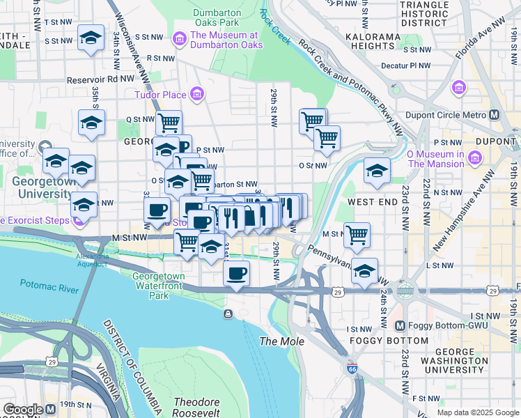 map of restaurants, bars, coffee shops, grocery stores, and more near 1239 30th Street Northwest in Washington