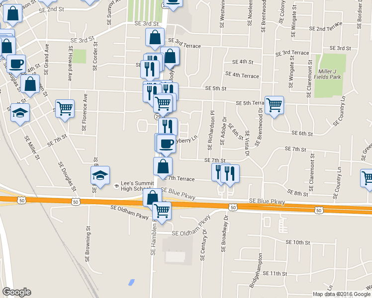 map of restaurants, bars, coffee shops, grocery stores, and more near in Lee's Summit