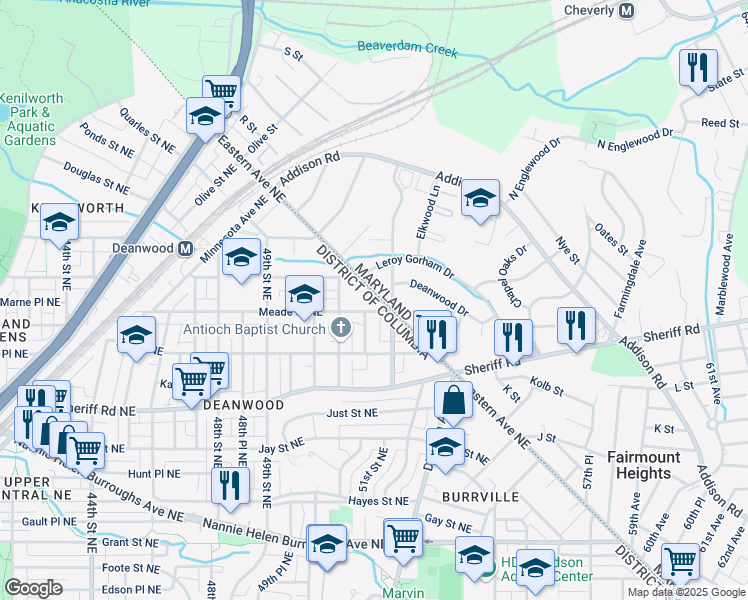 map of restaurants, bars, coffee shops, grocery stores, and more near 1206 Eastern Avenue Northeast in Washington