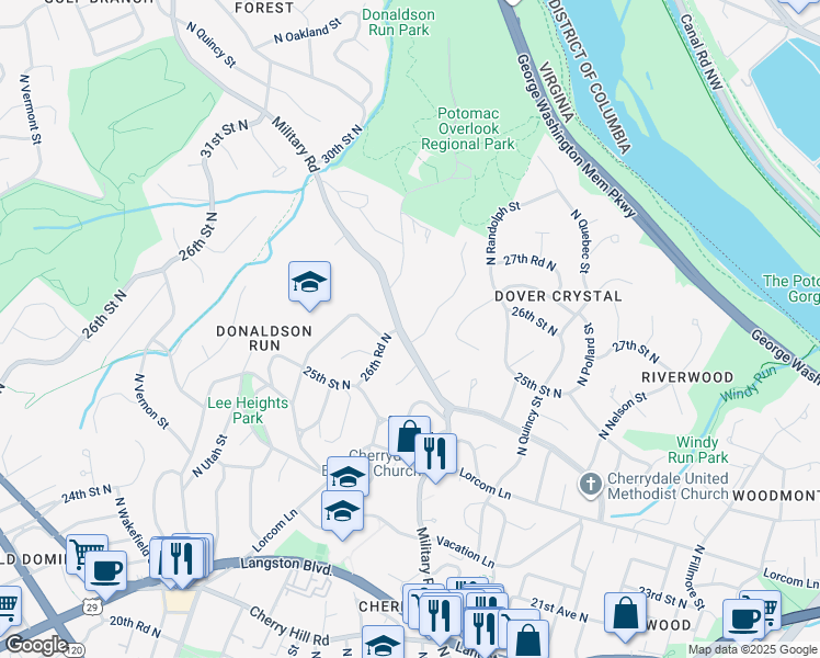 map of restaurants, bars, coffee shops, grocery stores, and more near 2605 Military Road in Arlington