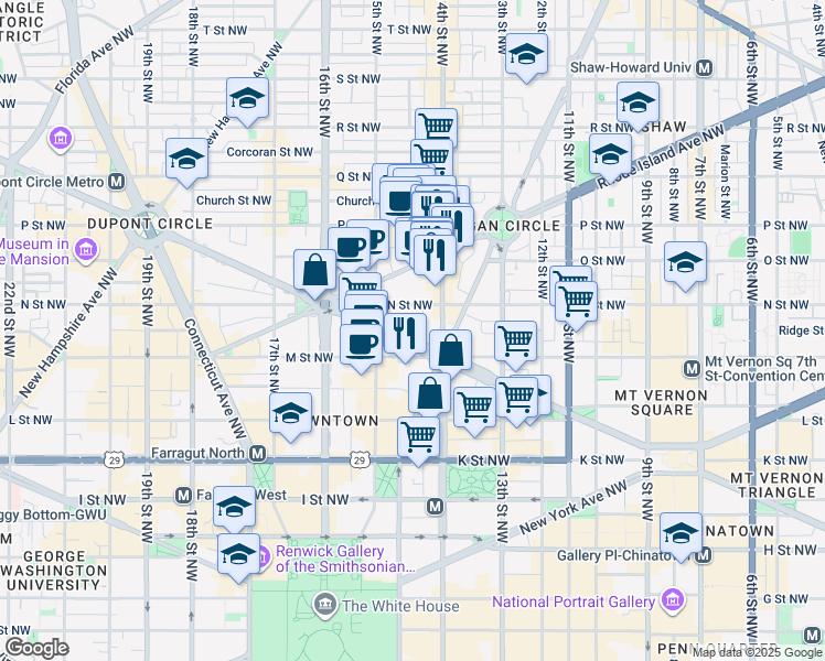 map of restaurants, bars, coffee shops, grocery stores, and more near 1421 Massachusetts Avenue Northwest in Washington