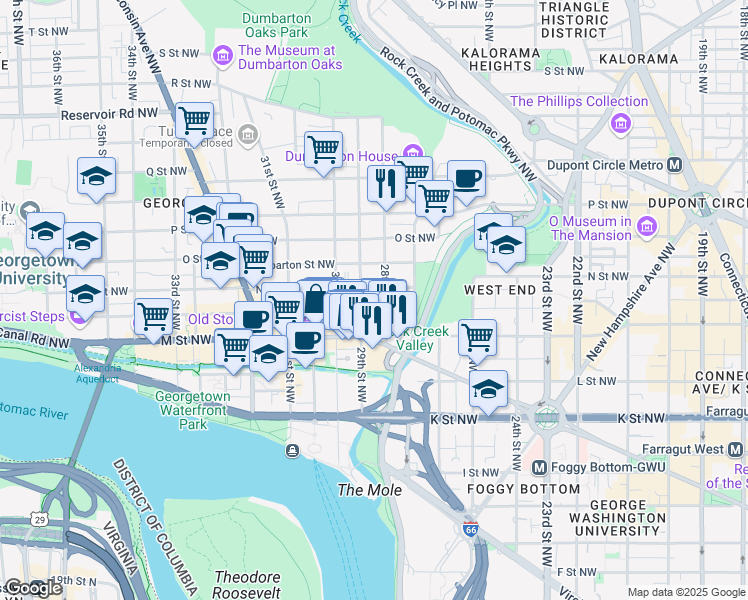 map of restaurants, bars, coffee shops, grocery stores, and more near 2808 N Street Northwest in Washington