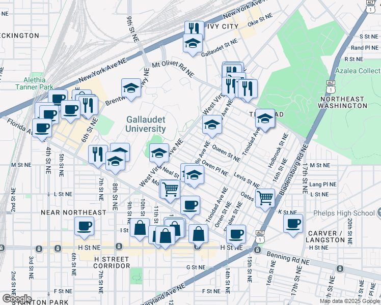 map of restaurants, bars, coffee shops, grocery stores, and more near 1144 Owen Place Northeast in Washington
