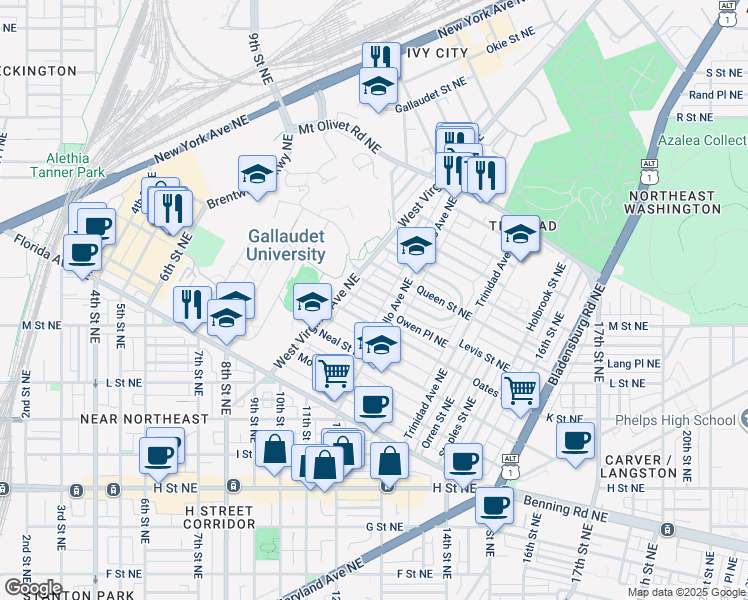 map of restaurants, bars, coffee shops, grocery stores, and more near 1144 Owen Place Northeast in Washington