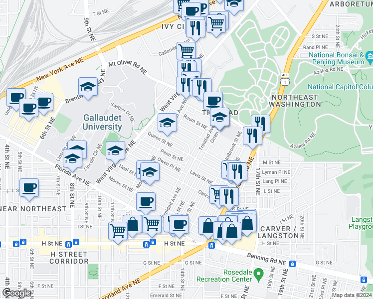 map of restaurants, bars, coffee shops, grocery stores, and more near 1271 Holbrook Terrace Northeast in Washington