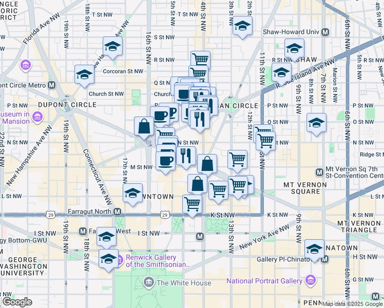 map of restaurants, bars, coffee shops, grocery stores, and more near 1401 Massachusetts Avenue Northwest in Washington