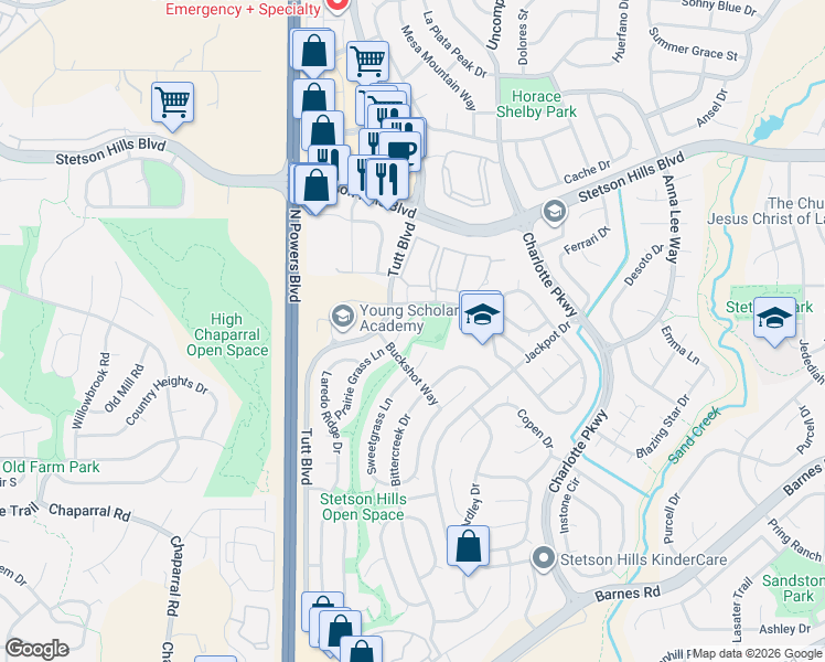 map of restaurants, bars, coffee shops, grocery stores, and more near 5264 Prairie Grass Lane in Colorado Springs