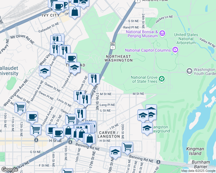 map of restaurants, bars, coffee shops, grocery stores, and more near 101 Independence Avenue Southeast in Washington