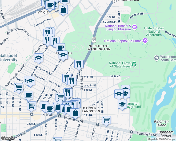 map of restaurants, bars, coffee shops, grocery stores, and more near 101 Independence Avenue Southeast in Washington