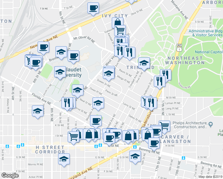 map of restaurants, bars, coffee shops, grocery stores, and more near 101 Independence Avenue Southeast in Washington