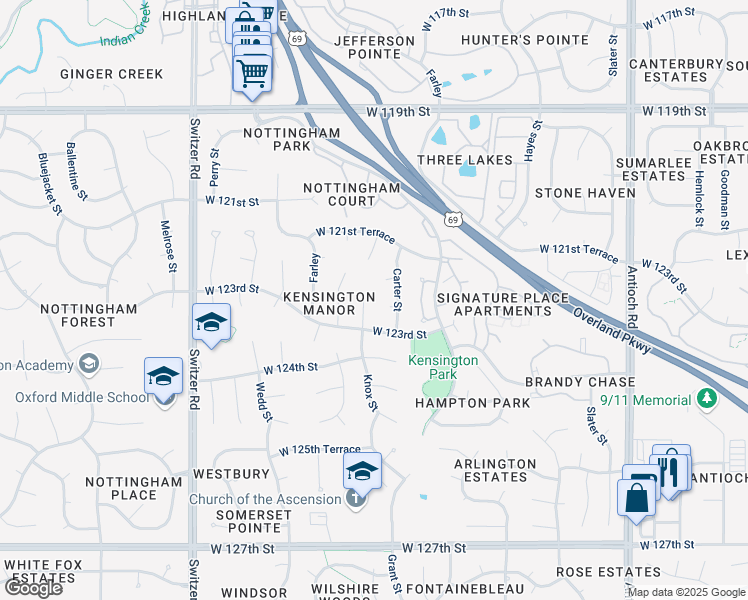 map of restaurants, bars, coffee shops, grocery stores, and more near 12204 Knox Street in Overland Park