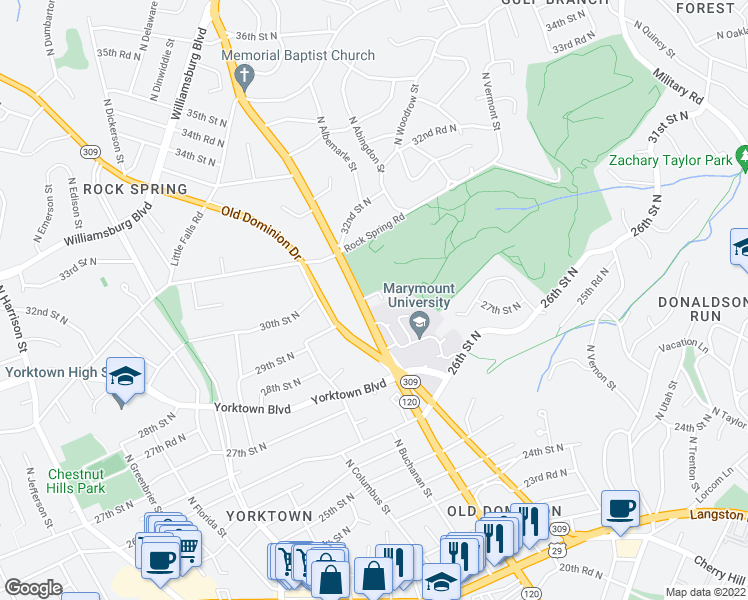 map of restaurants, bars, coffee shops, grocery stores, and more near 2929 North Glebe Road in Arlington