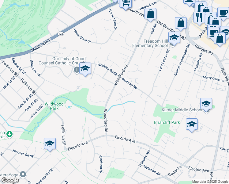 map of restaurants, bars, coffee shops, grocery stores, and more near 2061 Woodford Road in Vienna