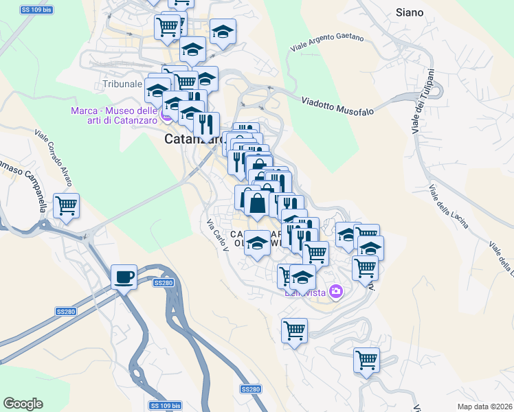 map of restaurants, bars, coffee shops, grocery stores, and more near 150 Corso G. Mazzini in Catanzaro